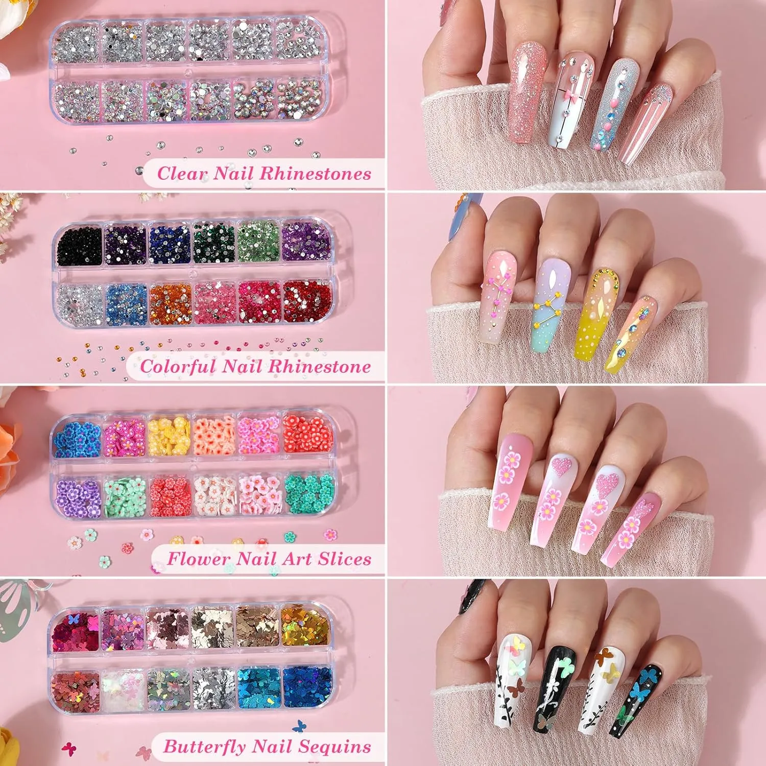 Acrylic Fake Nails Kit Press On Nail Kit with Clear Coffin Nail Tips Nail Display Stand Sequins Sticker Rhinestones Decorations Nail Art Brushes Fine Glitter DIY Nail Art Tool and Supplies