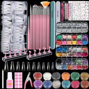 Acrylic Fake Nails Kit Press On Nail Kit with Clear Coffin Nail Tips Nail Display Stand Sequins Sticker Rhinestones Decorations Nail Art Brushes Fine Glitter DIY Nail Art Tool and Supplies