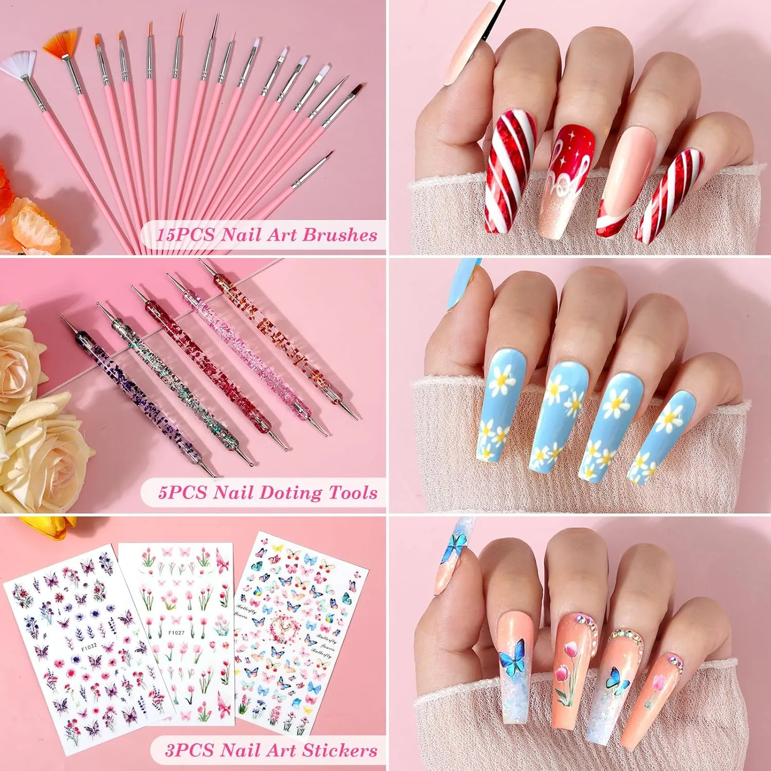 Acrylic Fake Nails Kit Press On Nail Kit with Clear Coffin Nail Tips Nail Display Stand Sequins Sticker Rhinestones Decorations Nail Art Brushes Fine Glitter DIY Nail Art Tool and Supplies