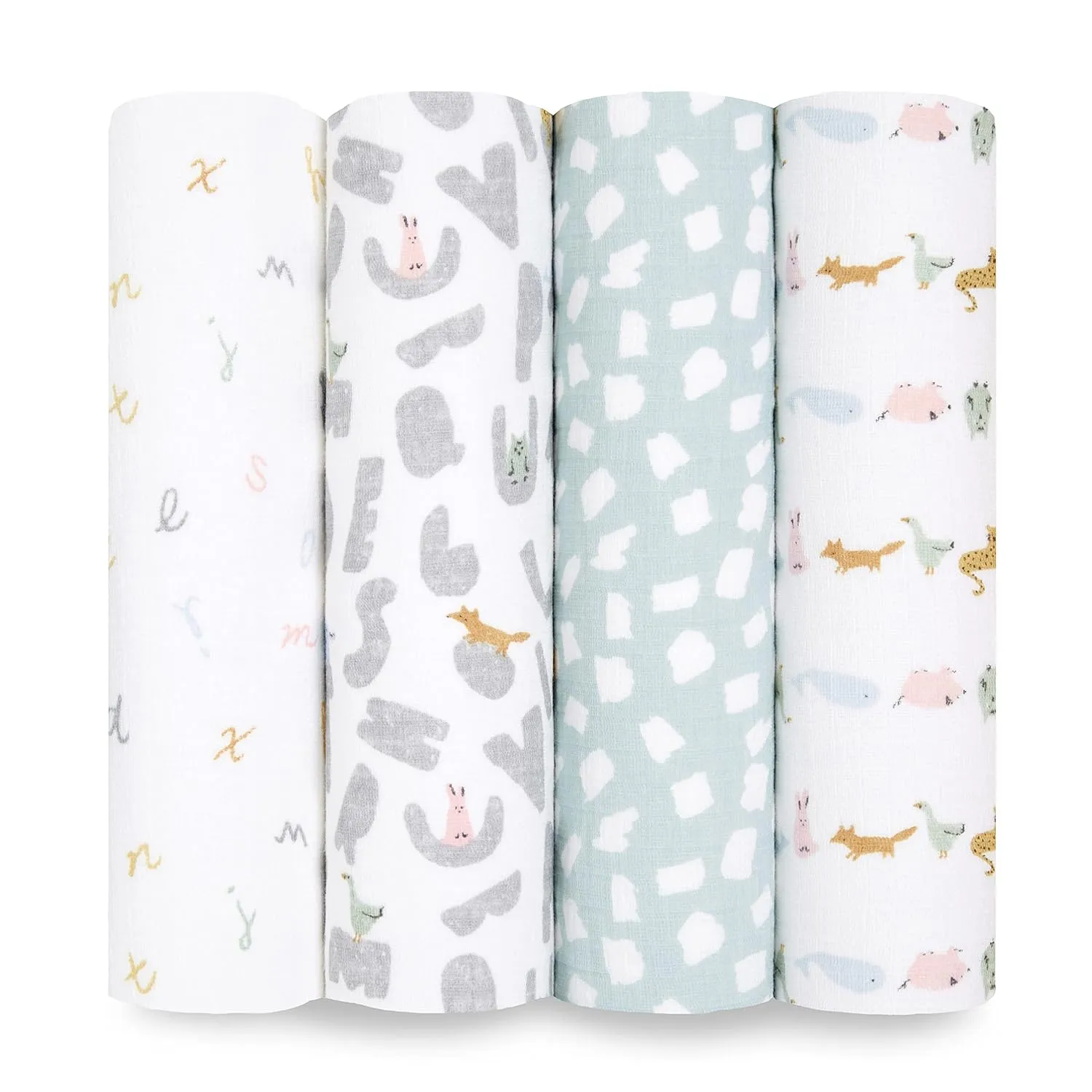 aden   anais Essentials Swaddle Blanket, Boutique Muslin Blankets for Girls & Boys, Baby Receiving Swaddles, Ideal Newborn & Infant Swaddling Set, Perfect Shower Gifts, 4 Pack, Alphabet Animals
