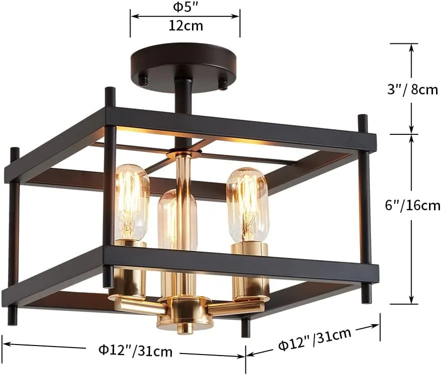 AGV LIGHTING CL011BB Farmhouse Semi Flush Mount Ceiling Light Fixture, Steel Square Ceiling Light, E26 Base 3-Lights, L12 x W12 x H9, Matte Black & Light Gold Finish