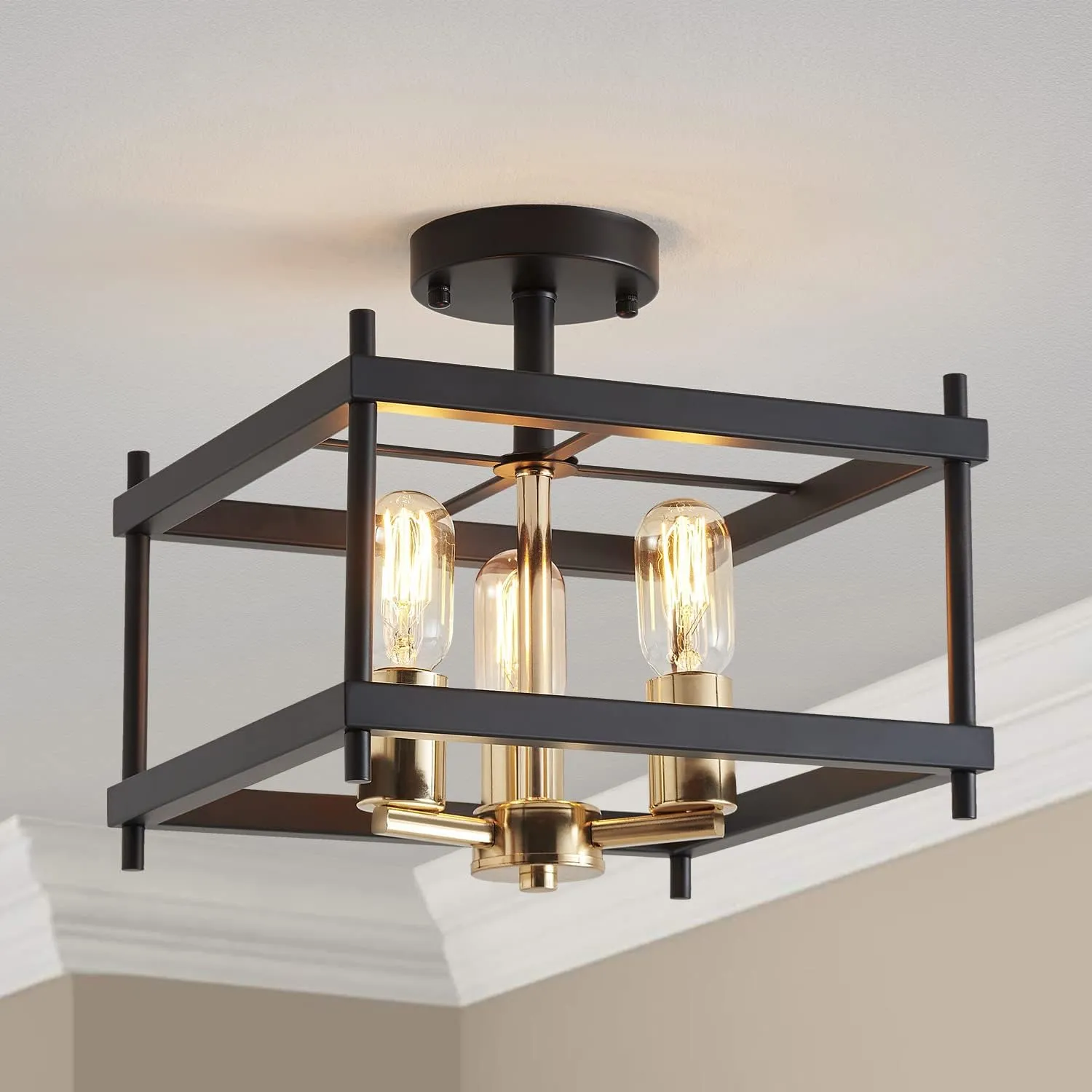 AGV LIGHTING CL011BB Farmhouse Semi Flush Mount Ceiling Light Fixture, Steel Square Ceiling Light, E26 Base 3-Lights, L12 x W12 x H9, Matte Black & Light Gold Finish