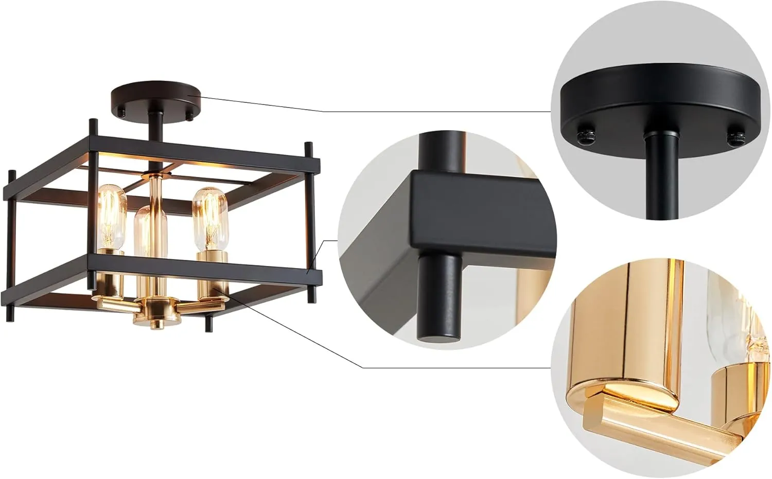 AGV LIGHTING CL011BB Farmhouse Semi Flush Mount Ceiling Light Fixture, Steel Square Ceiling Light, E26 Base 3-Lights, L12 x W12 x H9, Matte Black & Light Gold Finish