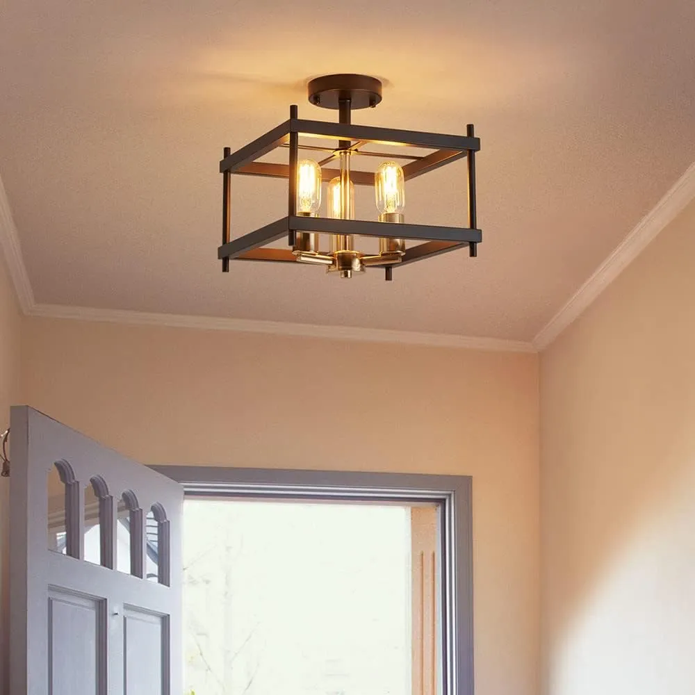 AGV LIGHTING CL011BB Farmhouse Semi Flush Mount Ceiling Light Fixture, Steel Square Ceiling Light, E26 Base 3-Lights, L12 x W12 x H9, Matte Black & Light Gold Finish