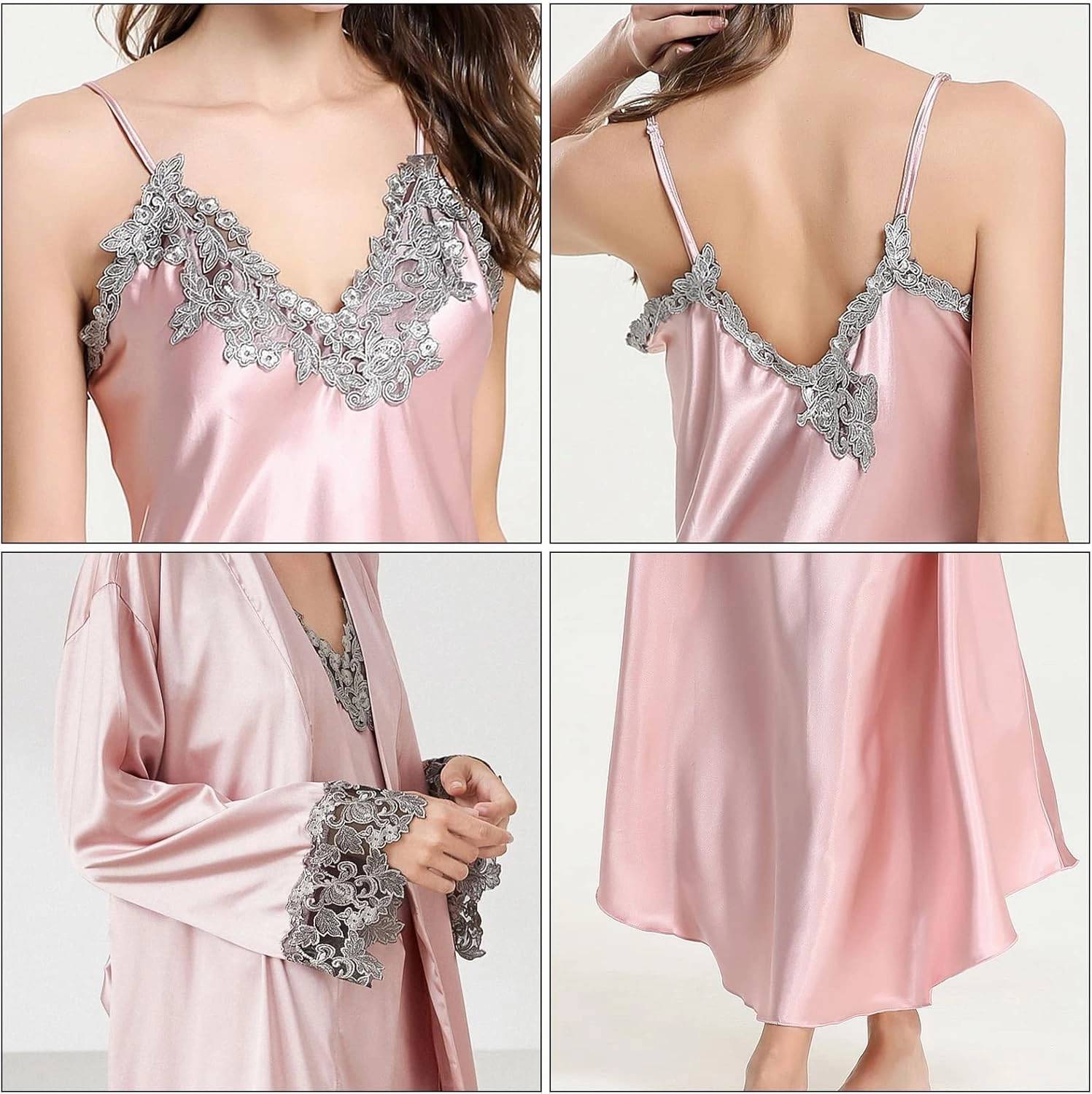 Aivtalk 2 Piece Women Satin Nightgowns and Robe Set Sexy Silk Slip Dress Chemise Nightdress