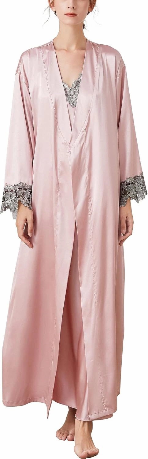 Aivtalk 2 Piece Women Satin Nightgowns and Robe Set Sexy Silk Slip Dress Chemise Nightdress
