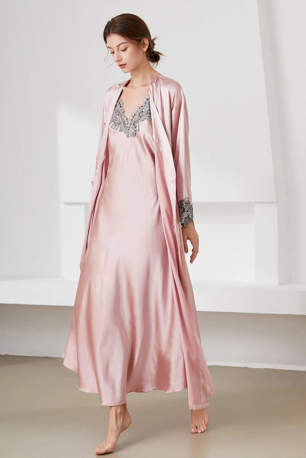 Aivtalk 2 Piece Women Satin Nightgowns and Robe Set Sexy Silk Slip Dress Chemise Nightdress