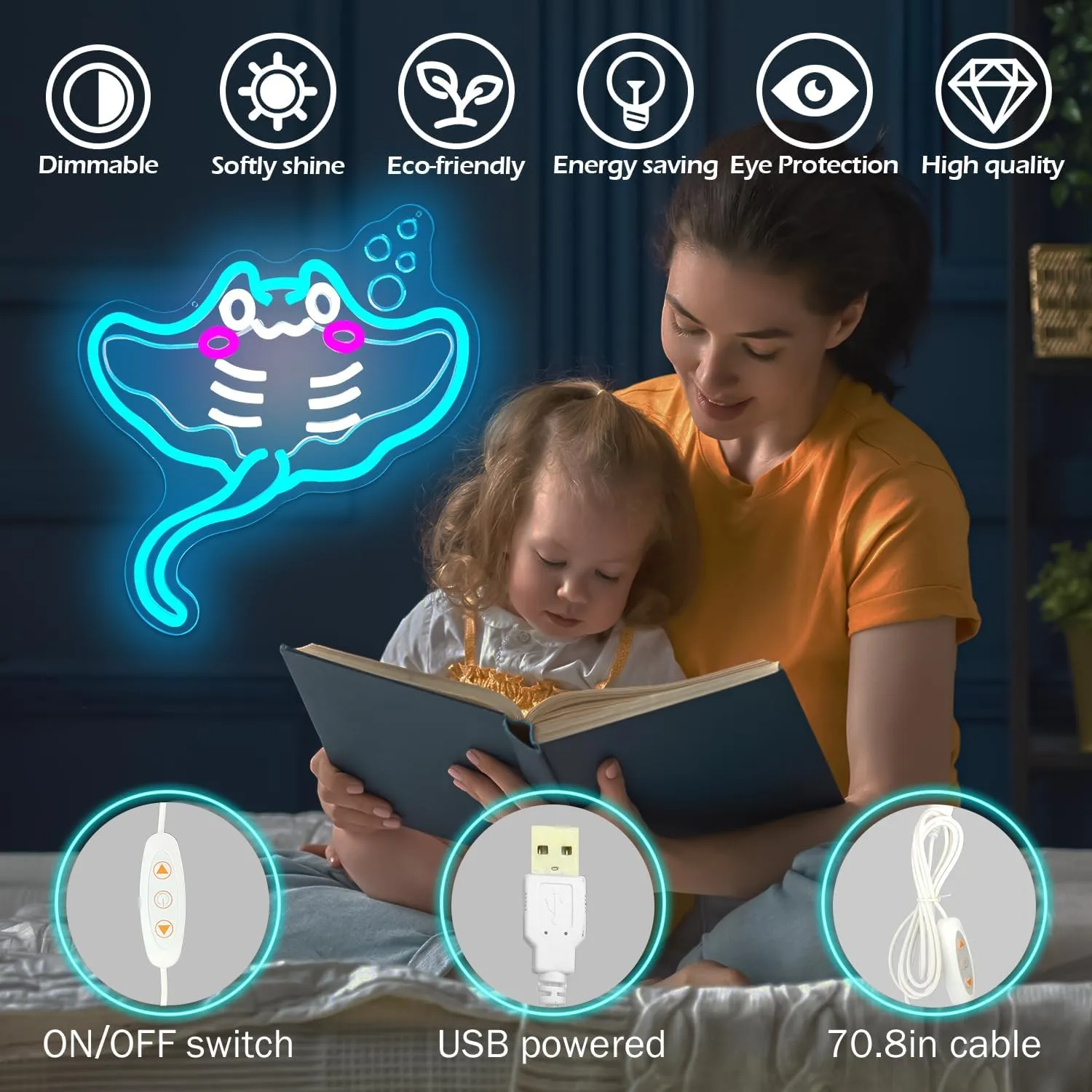 Ajoyferris Sting Ray Neon Sign Manta Ray Neon Lights for Bedroom Dimmable USB Powered Stingray Neon Light Sign Cute Sea Fish Light Up Sign Gifts for Ocean Lovers