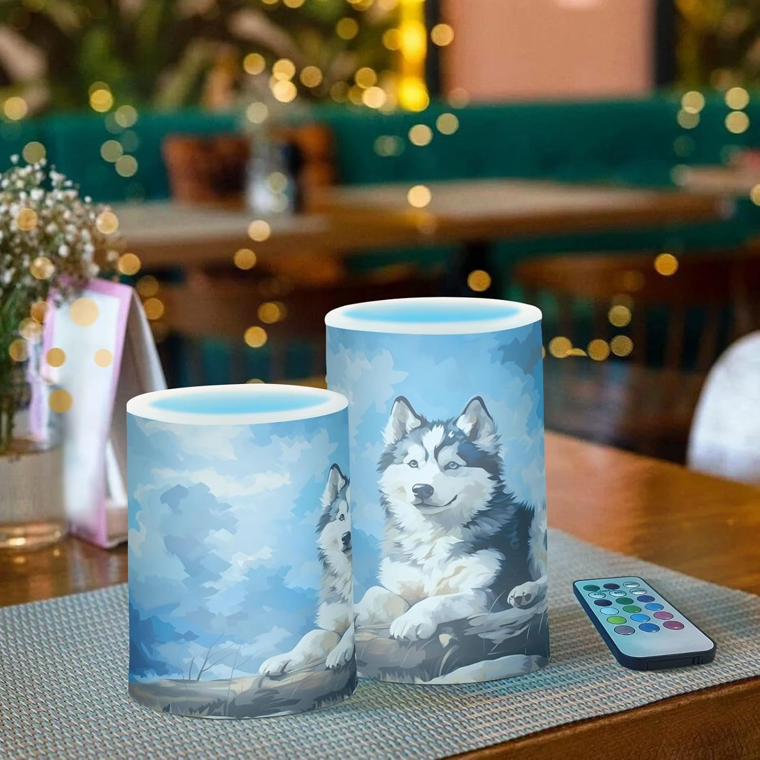 ALAZA Husky Dog Flickering Flameless Candles Battery Operated with Remote Timer,Tea Light Candles LED Pillar Votive Candles Set of 2 for Outdoor Indoor Decorations