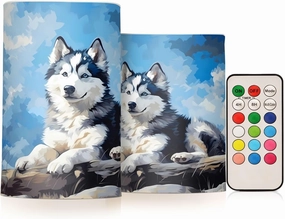 ALAZA Husky Dog Flickering Flameless Candles Battery Operated with Remote Timer,Tea Light Candles LED Pillar Votive Candles Set of 2 for Outdoor Indoor Decorations