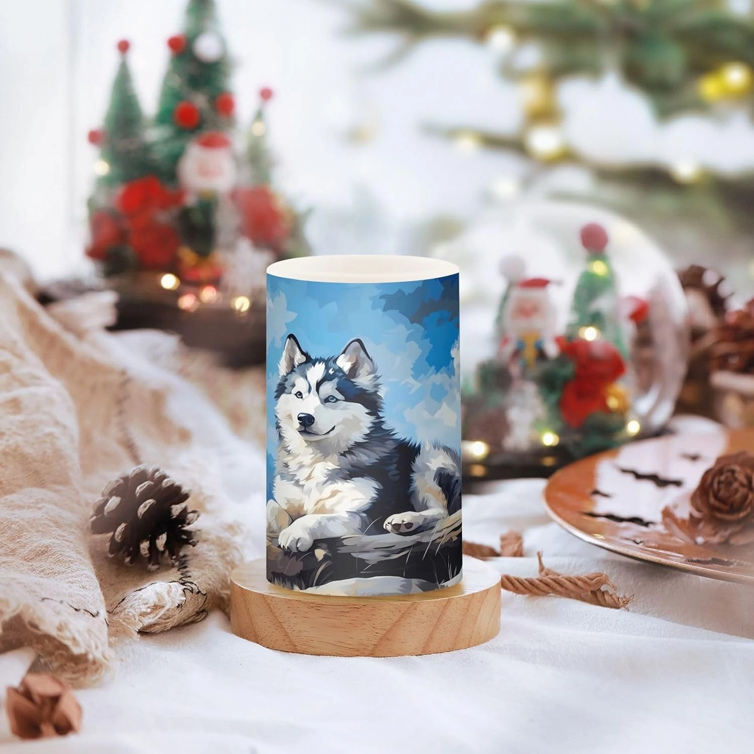 ALAZA Husky Dog Flickering Flameless Candles Battery Operated with Remote Timer,Tea Light Candles LED Pillar Votive Candles Set of 2 for Outdoor Indoor Decorations