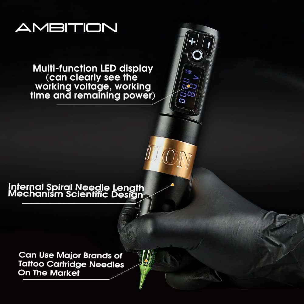 Ambition Soldier Tattoo Machine Kit Complete Rotary Wireless Tattoo Pen Gun Kit with 20pcs Glory Tattoo Cartridge Needles Practice Skin Supplies for Beginners & Professional Artists, Black