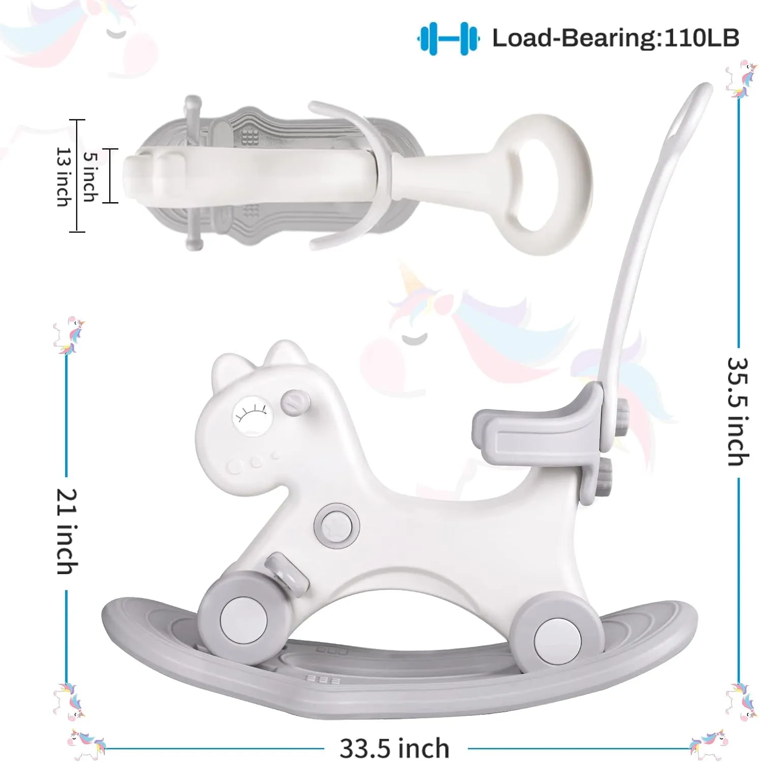 Ancaixin 4 in 1 Rocking Horse for Toddlers 1-3 Years Old, Balance Bike Ride On Toys with Push Handle, Backrest and Balance Board for Baby Girl and Boy, Unicorn Kids Riding Birthday (White)