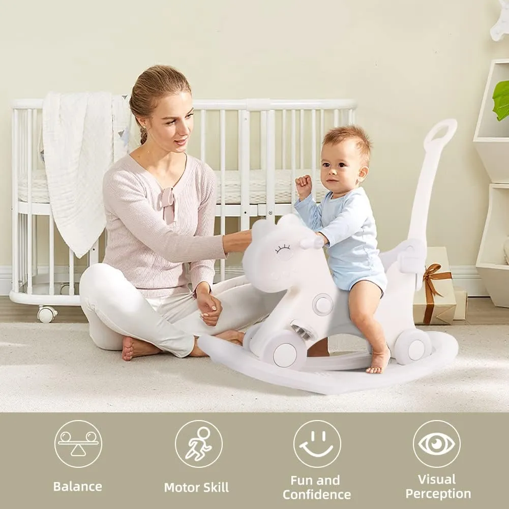 Ancaixin 4 in 1 Rocking Horse for Toddlers 1-3 Years Old, Balance Bike Ride On Toys with Push Handle, Backrest and Balance Board for Baby Girl and Boy, Unicorn Kids Riding Birthday (White)
