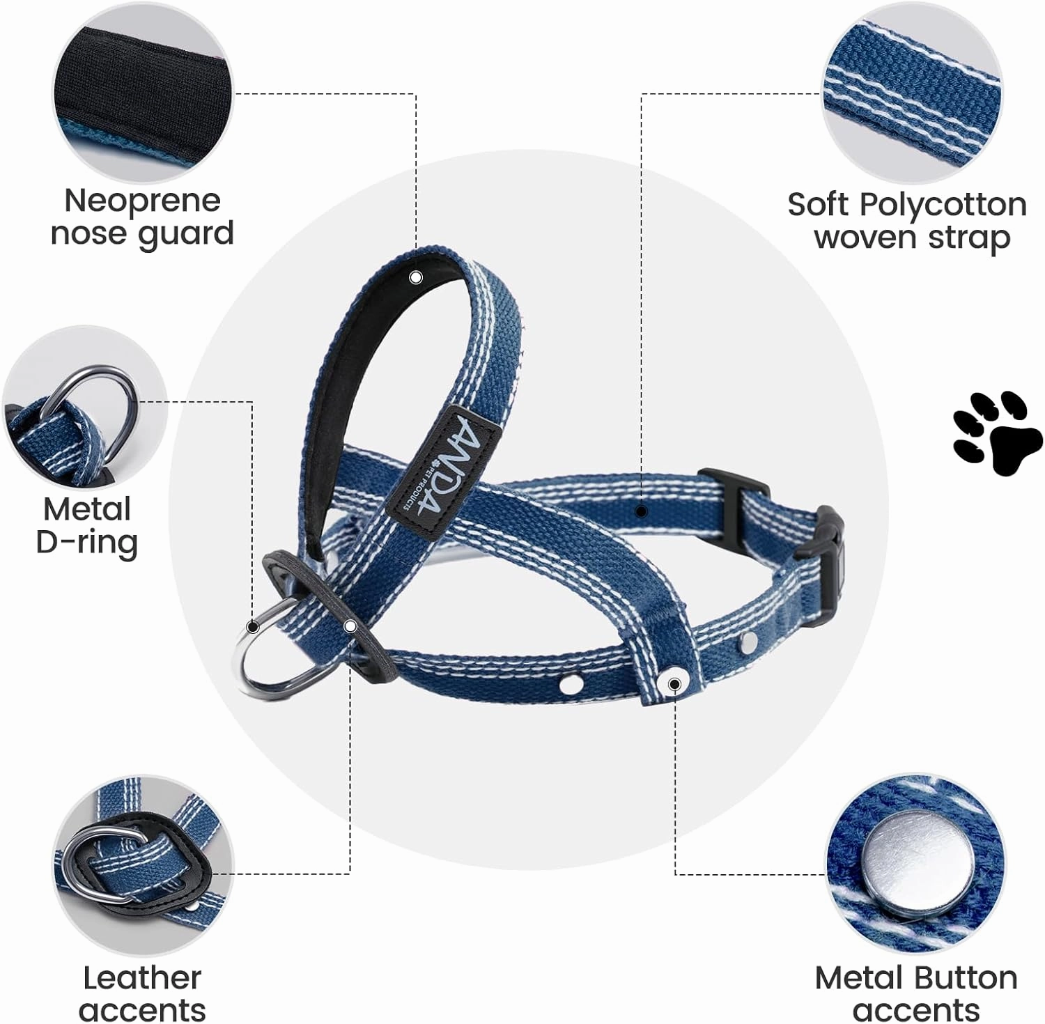 ANDA Ultra-Light No-Pull Gentle Leader for Dogs Headcollar: Adjustable, Breathable Comfort, Prevents Explosive Rushes, Ideal for Daily Use (Blue, Size 1)