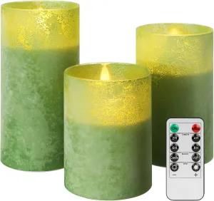ANGELLOONG Glass LED Candles Flickering, Flameless Battery Operated Candle with Remote, Pillar Electric Timer Candles for Home Holiday Decor, Sandblast Green