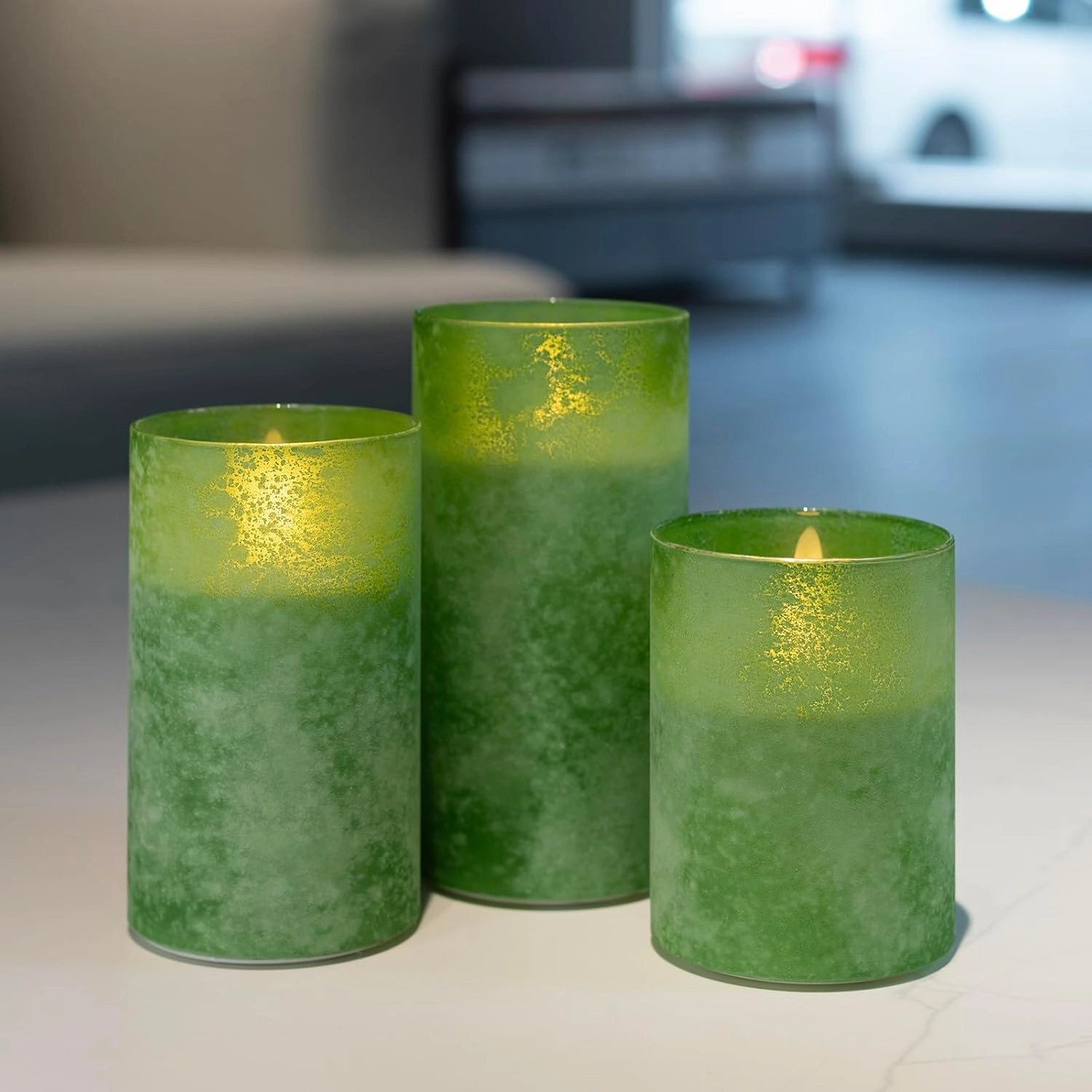 ANGELLOONG Glass LED Candles Flickering, Flameless Battery Operated Candle with Remote, Pillar Electric Timer Candles for Home Holiday Decor, Sandblast Green