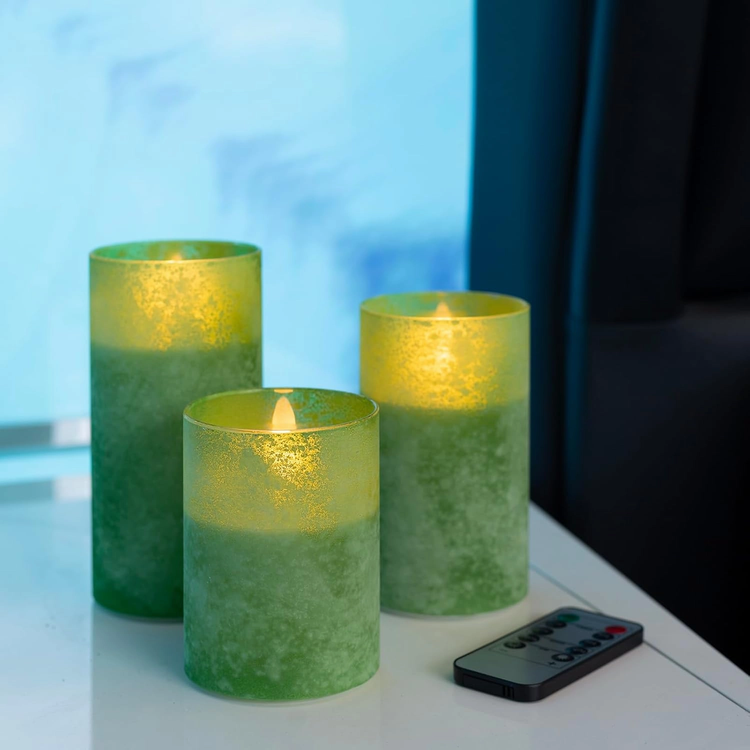 ANGELLOONG Glass LED Candles Flickering, Flameless Battery Operated Candle with Remote, Pillar Electric Timer Candles for Home Holiday Decor, Sandblast Green