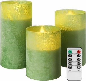 ANGELLOONG Glass LED Candles Flickering, Flameless Battery Operated Candle with Remote, Pillar Electric Timer Candles for Home Holiday Decor, Sandblast Green