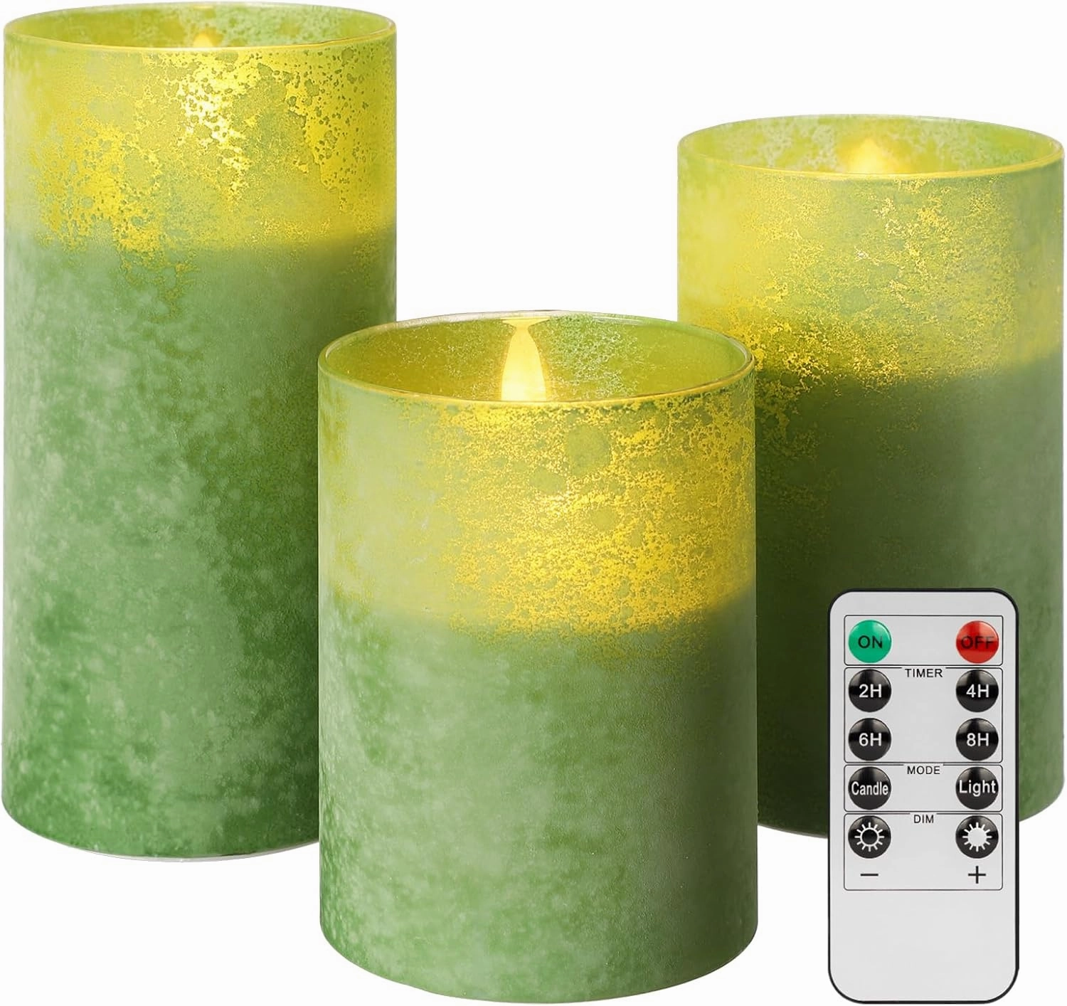 ANGELLOONG Glass LED Candles Flickering, Flameless Battery Operated Candle with Remote, Pillar Electric Timer Candles for Home Holiday Decor, Sandblast Green