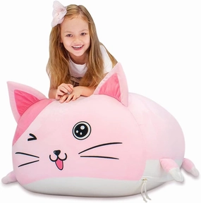 Anzitinlan Cute Cat Bean Bag Chair for Kids, Pink Stuffed Animal Storage Beanbag Chairs for Girls Room Decor, Extra Large Size, Velvet Super Soft Cover Only