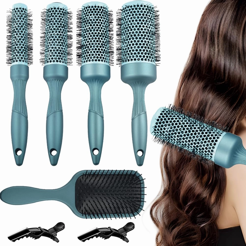 Aozzy 5pcs Round Thermal Barrel Brush Set - Professional Heat Styling, Curling, and Blow Drying for Shiny Hair in 5 Different Sizes