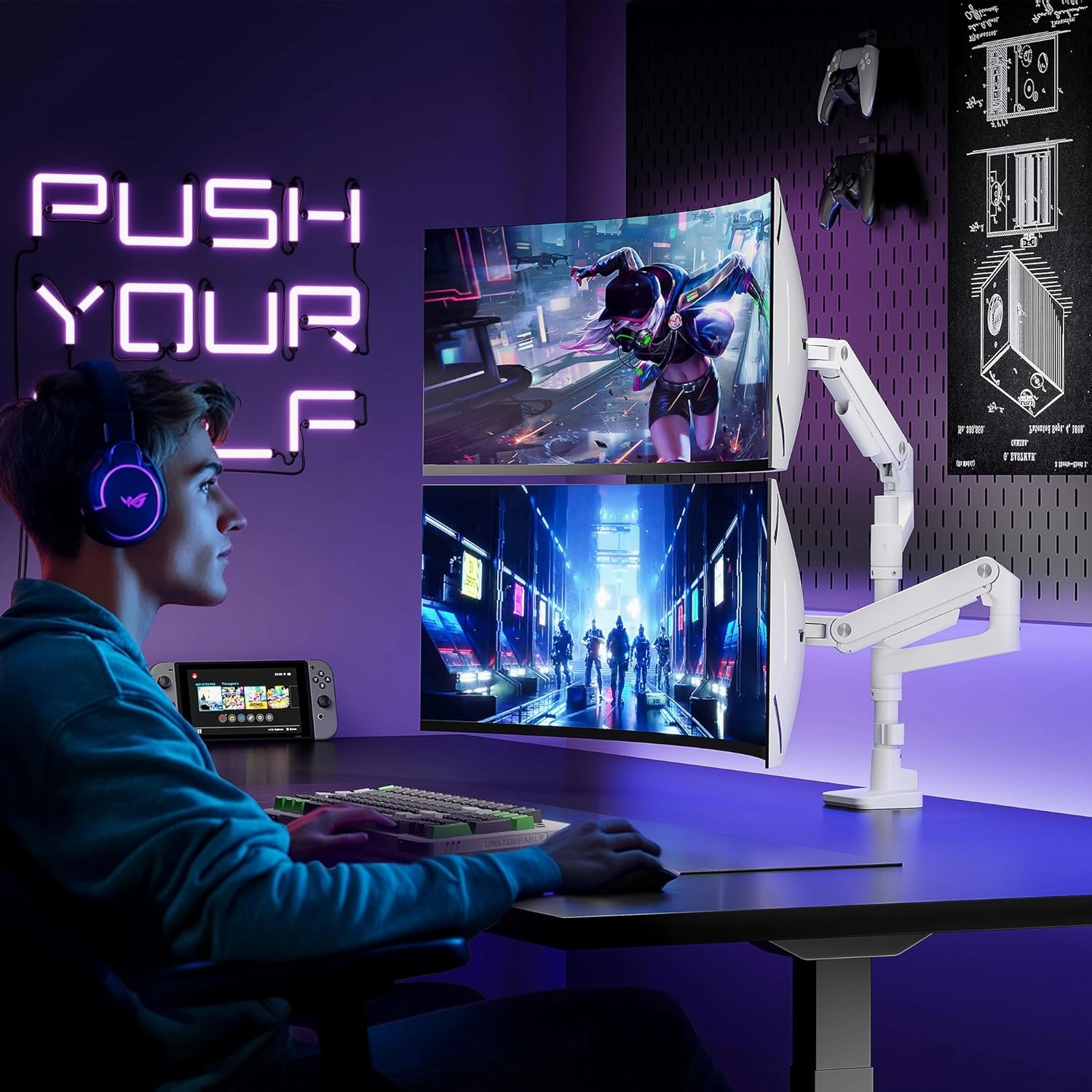ARES WING Dual Monitor Arm Desk Mount for 17-49 Inch Ultrawide Monitors, Heavy Duty Dual Monitor Mount Holds 44 lbs, Full Motion Gas Spring Vertical Stacked Monitor Mount, 75/100 VESA Mount, White