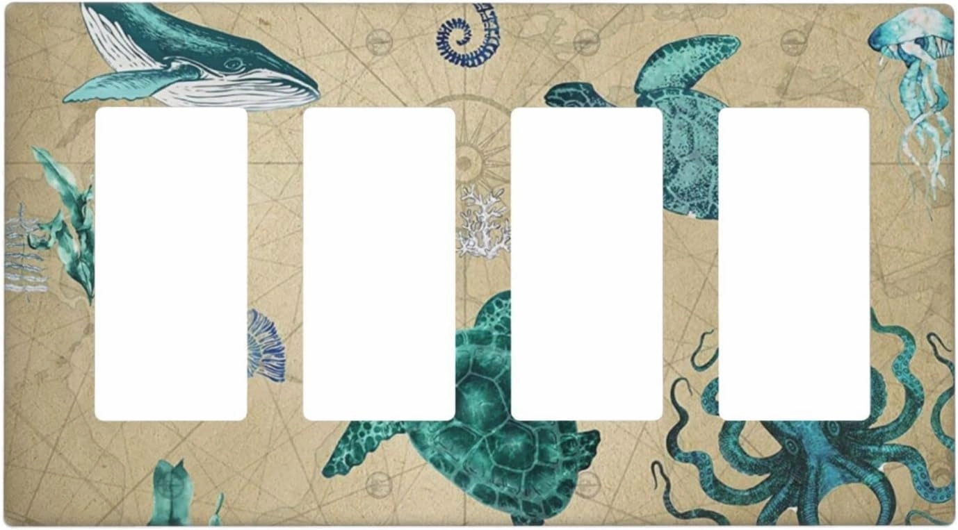 Art Sea Turtle Ocean 4 Gang Rocker Light Switch Cover Quad Decorator Wall Plate Decorative Outlet Covers Switchplate Electrical Faceplate for Kitchen Bathroom Farmhouse Home Wall Panel Decor
