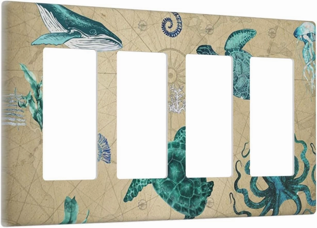 Art Sea Turtle Ocean 4 Gang Rocker Light Switch Cover Quad Decorator Wall Plate Decorative Outlet Covers Switchplate Electrical Faceplate for Kitchen Bathroom Farmhouse Home Wall Panel Decor