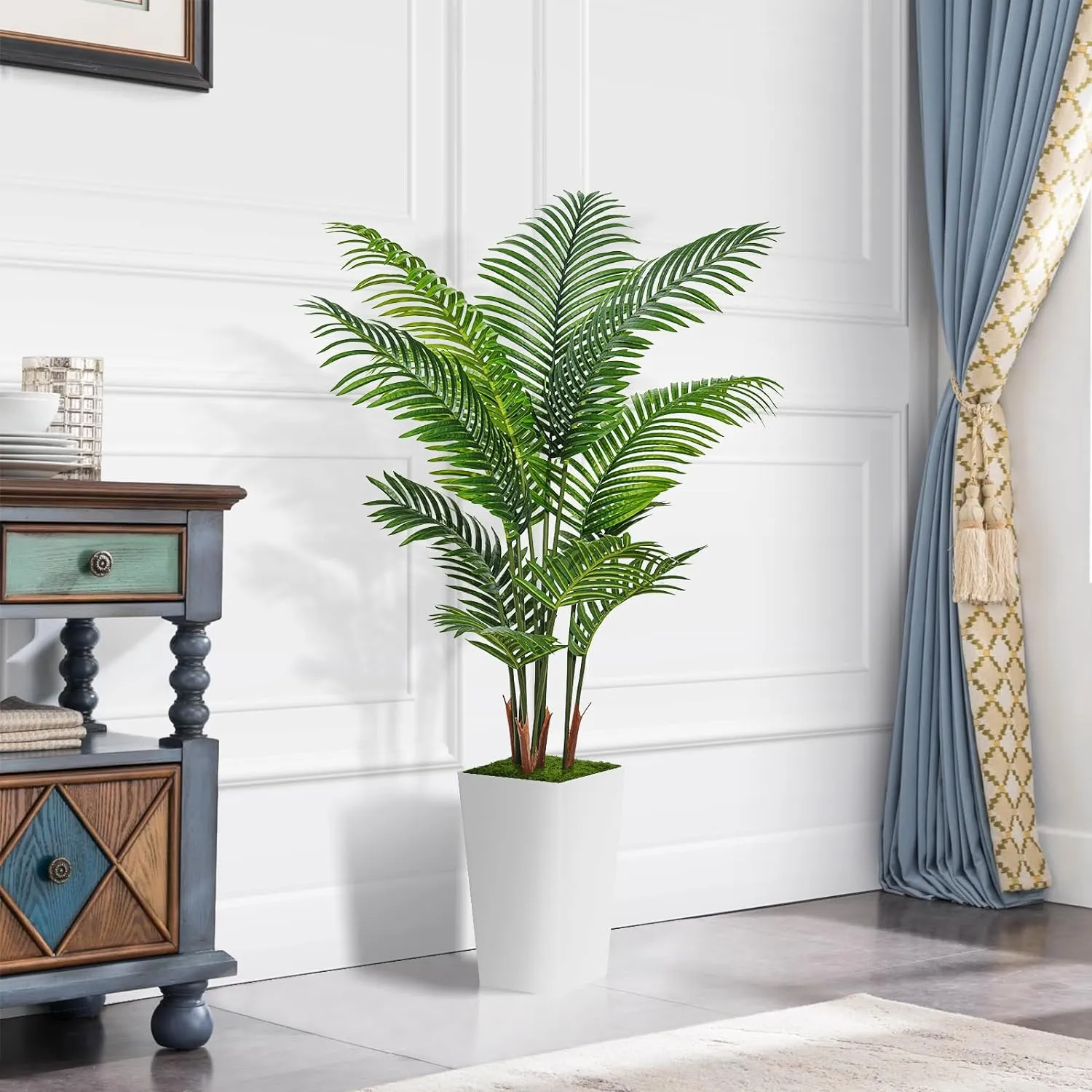 Artificial Palm Tree 5FT - Fake Tree with White Tall Planter - Faux Tropical Areca Floor Plant in Pot - Artificial Silk Plant for Home Office Living Room Decor Indoor