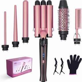 Asani Curling Iron Wand Set 6-in-1 - Beachwaver Hair Curler with 3 Barrel Hair Crimper, Tapered, Spiral Curling Iron - Fast Heating Travel Hot Styling Tools for Women with Dual Voltage (110-240V AC)