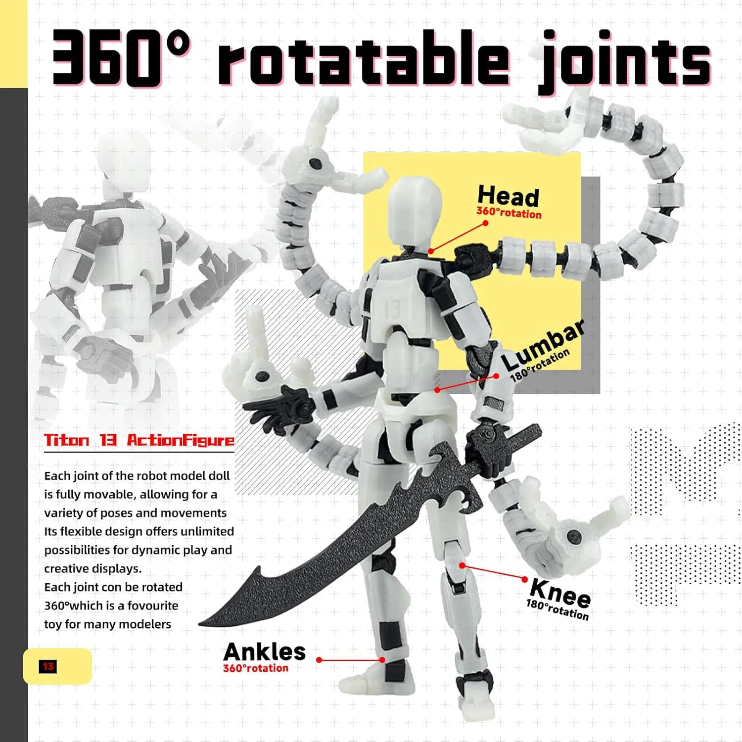 Assembly Completed T13 Action Figure 3D Printed Multi-Jointed Movable T 13 Nova 13 Robot 13 Action Figure Desktop Decorations for Game Lovers (Night Light, 7.2 Inch)