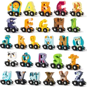 Atoylink Wooden Train Set for Toddler Toys Aged 3-5, 27 Pcs Large Magnetic Alphabet Animals ABC Learning Train Toy Kids Educational Montessori Toys for 3 4 5 Year Old Boys Girls Birthday Gifts