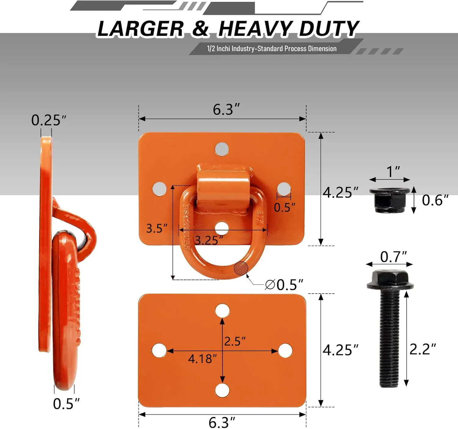 AUTOBOTS 1/2" D Rings for Trailers Heavy Duty Trailer Tie Down Rings,Max 12,000 Lbs,Includes All Mounting Hardware, Forged Steel Bolt-on D Ring,Large Trailer Tie Down Anchor Points 2 Pack Orange