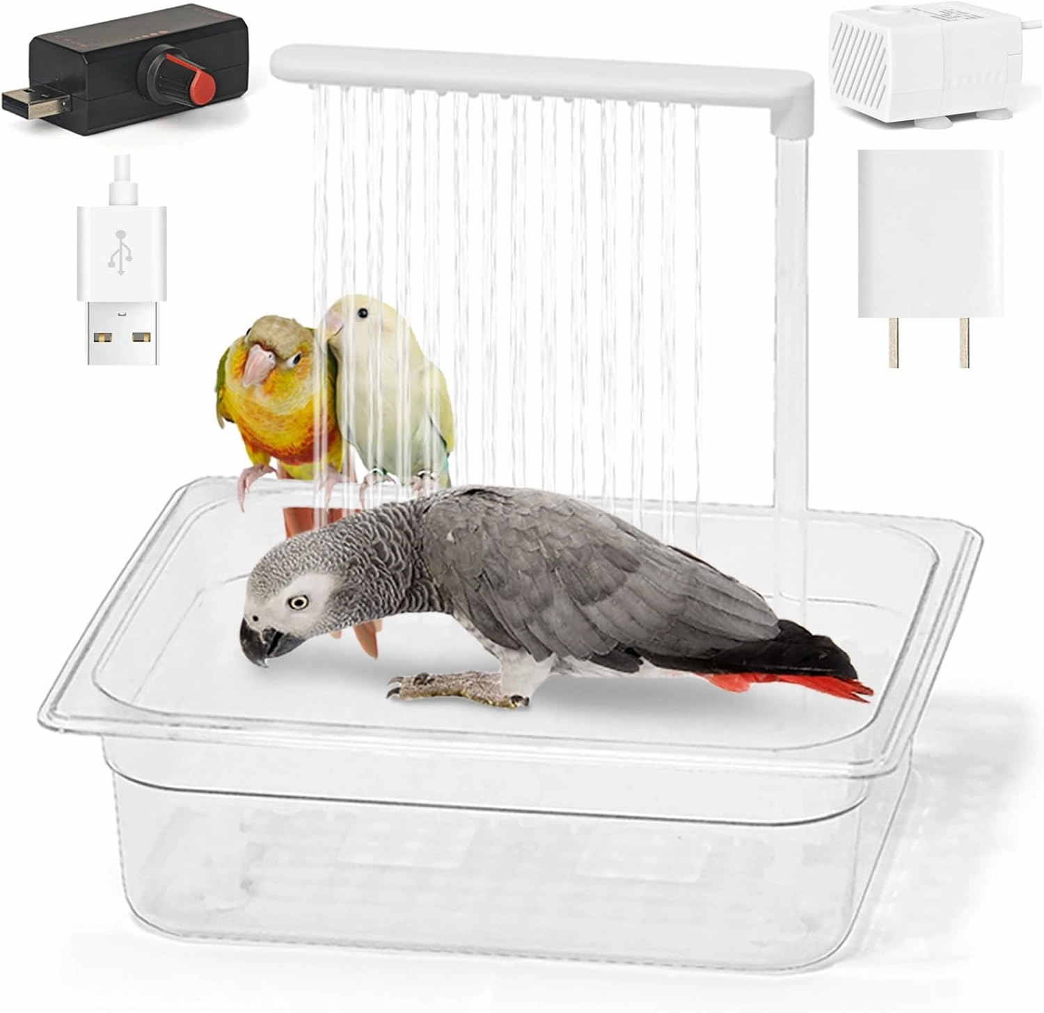 Automatic Bird Bath with Pump, Large Bird Shower Fountain Indoor Parakeet Bathtub with Running Water, Parrot Bath Tub Faucet for Pet Birds, African Grey, Cockatiel, Conure, Budgie, Lovebird
