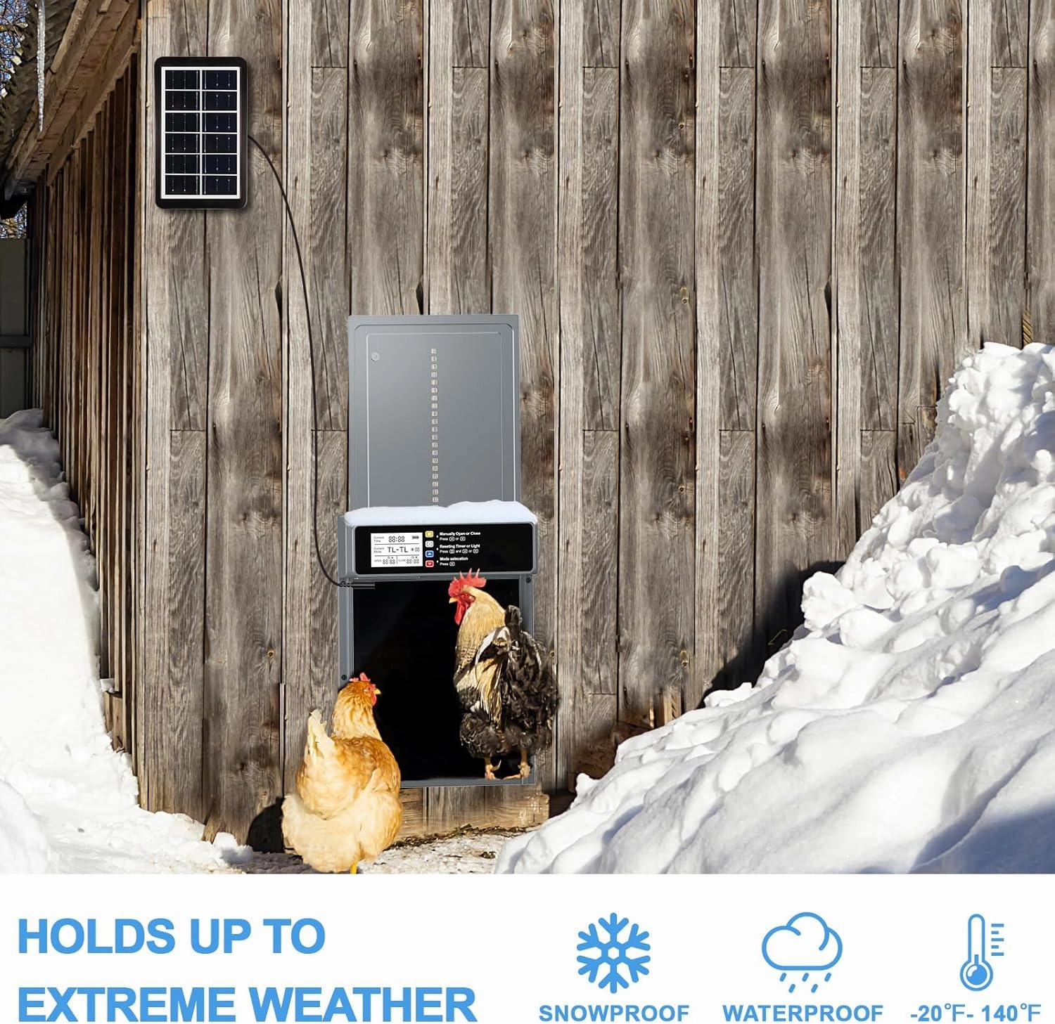 Automatic Chicken Coop Door Solar Powered, LCD Display Automatic Chicken Door with Timer & Light Sensor Mix 4Modes, Aluminum Alloy Chicken Door, Range 20M Remote Control Solar Chicken Coop Door