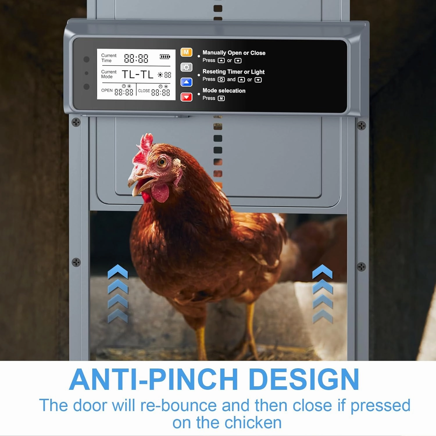 Automatic Chicken Coop Door Solar Powered, LCD Display Automatic Chicken Door with Timer & Light Sensor Mix 4Modes, Aluminum Alloy Chicken Door, Range 20M Remote Control Solar Chicken Coop Door