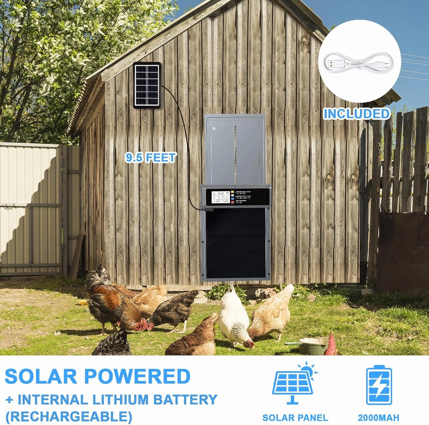 Automatic Chicken Coop Door Solar Powered, LCD Display Automatic Chicken Door with Timer & Light Sensor Mix 4Modes, Aluminum Alloy Chicken Door, Range 20M Remote Control Solar Chicken Coop Door