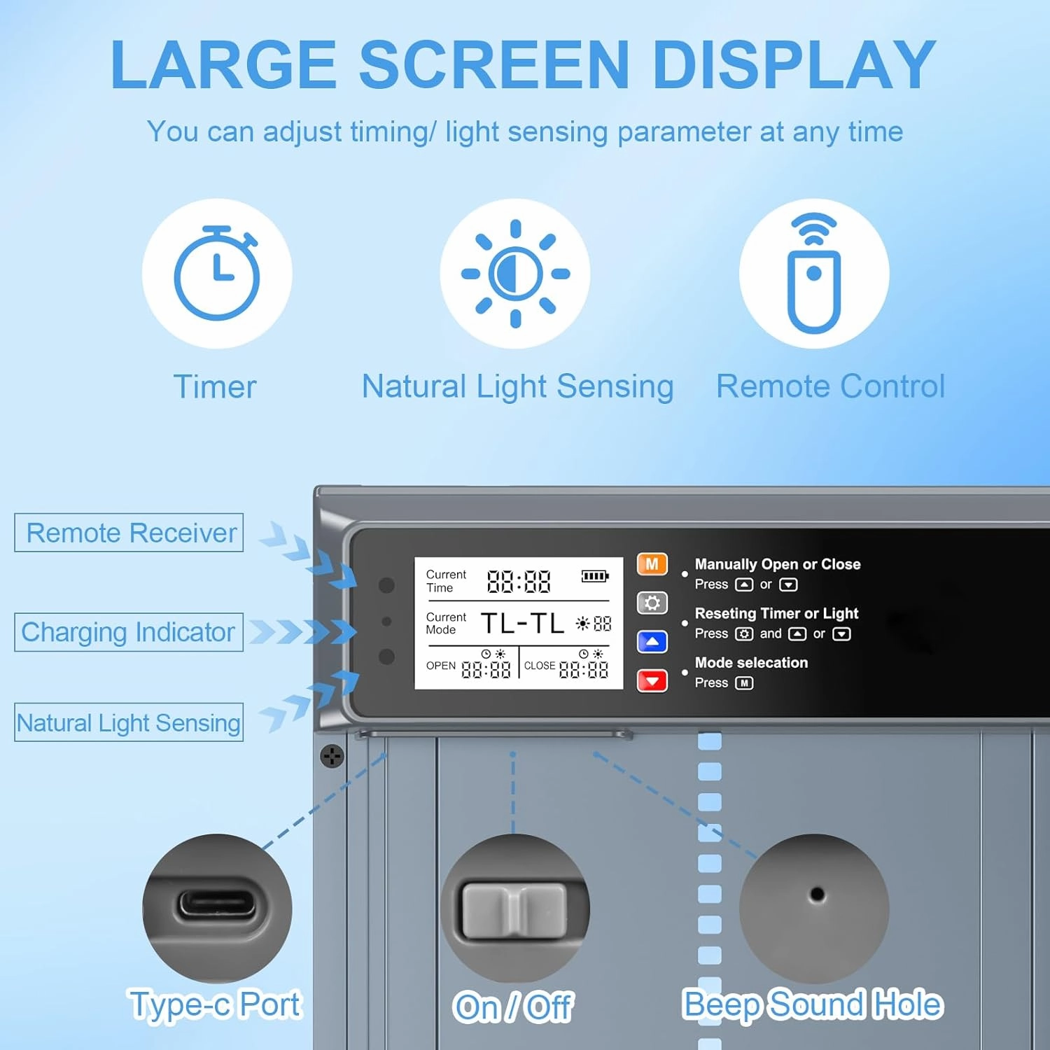 Automatic Chicken Coop Door Solar Powered, LCD Display Automatic Chicken Door with Timer & Light Sensor Mix 4Modes, Aluminum Alloy Chicken Door, Range 20M Remote Control Solar Chicken Coop Door