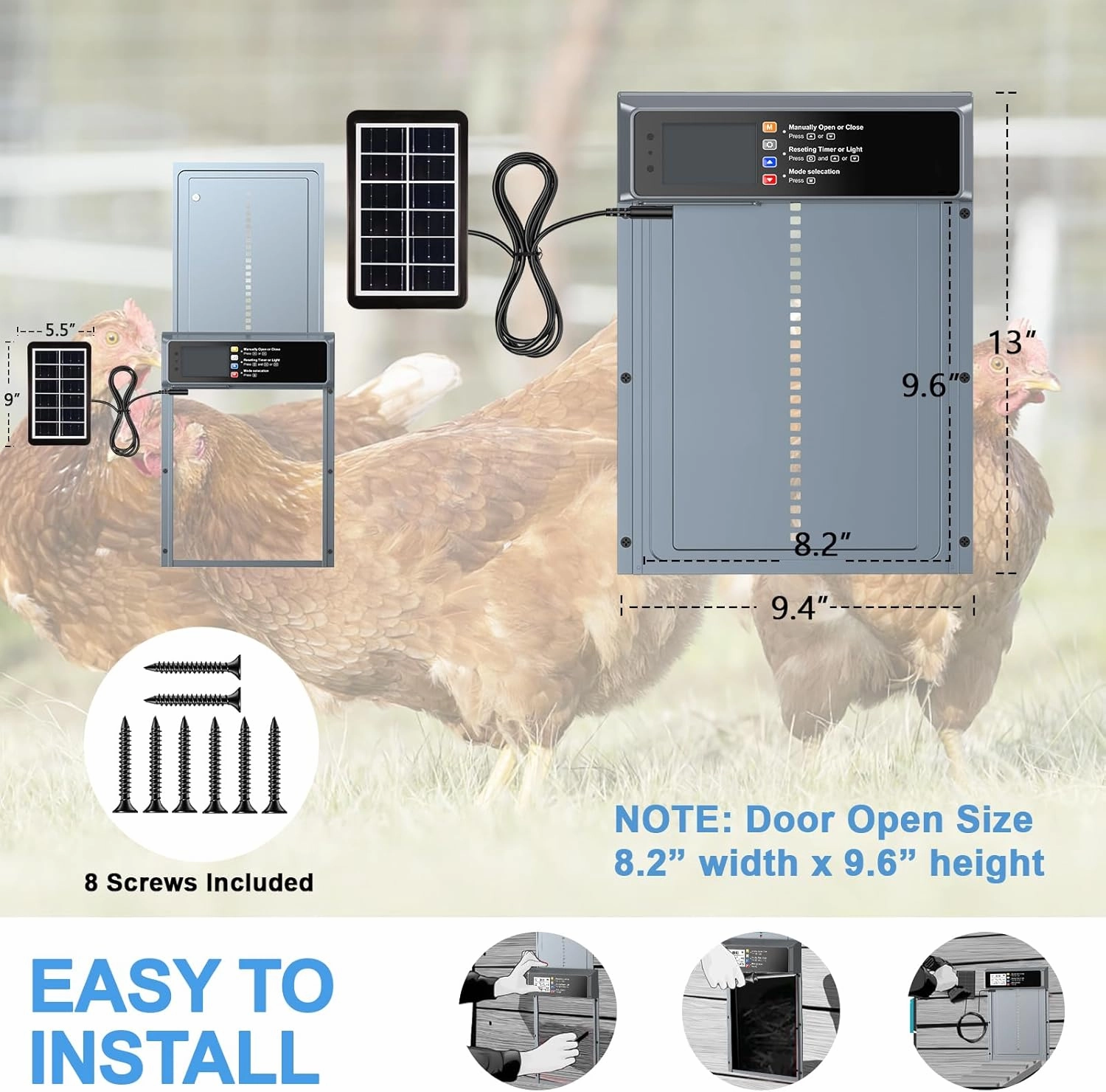 Automatic Chicken Coop Door Solar Powered, LCD Display Automatic Chicken Door with Timer & Light Sensor Mix 4Modes, Aluminum Alloy Chicken Door, Range 20M Remote Control Solar Chicken Coop Door