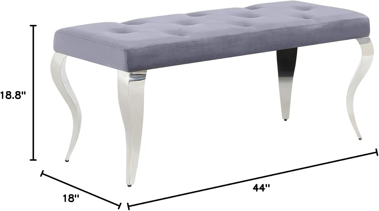 AUZ Grey Velvet Bench, Button Tufted Dining Table Bench with Silver Cabriole Legs, Gray and Chrome Upholstered Seat for Dining Room, Kitchen, Bedroom