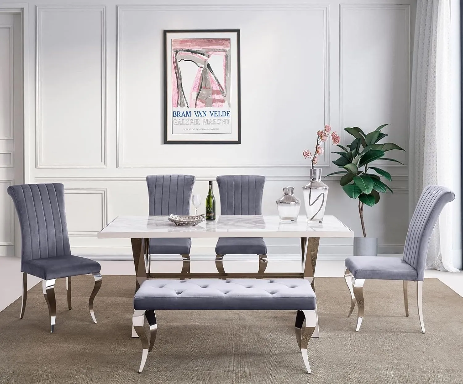AUZ Grey Velvet Bench, Button Tufted Dining Table Bench with Silver Cabriole Legs, Gray and Chrome Upholstered Seat for Dining Room, Kitchen, Bedroom