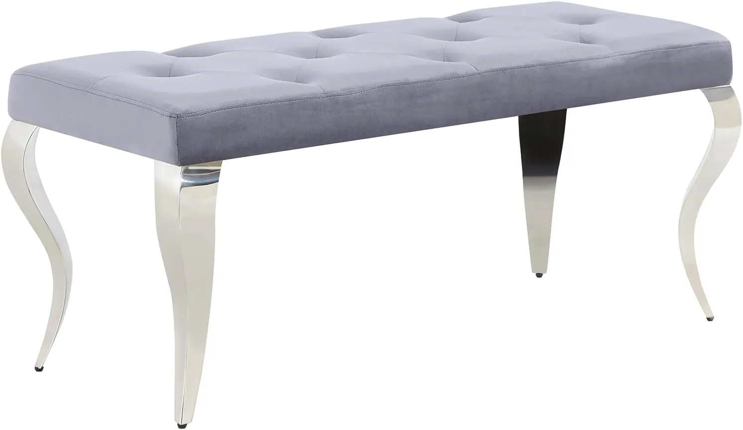 AUZ Grey Velvet Bench, Button Tufted Dining Table Bench with Silver Cabriole Legs, Gray and Chrome Upholstered Seat for Dining Room, Kitchen, Bedroom
