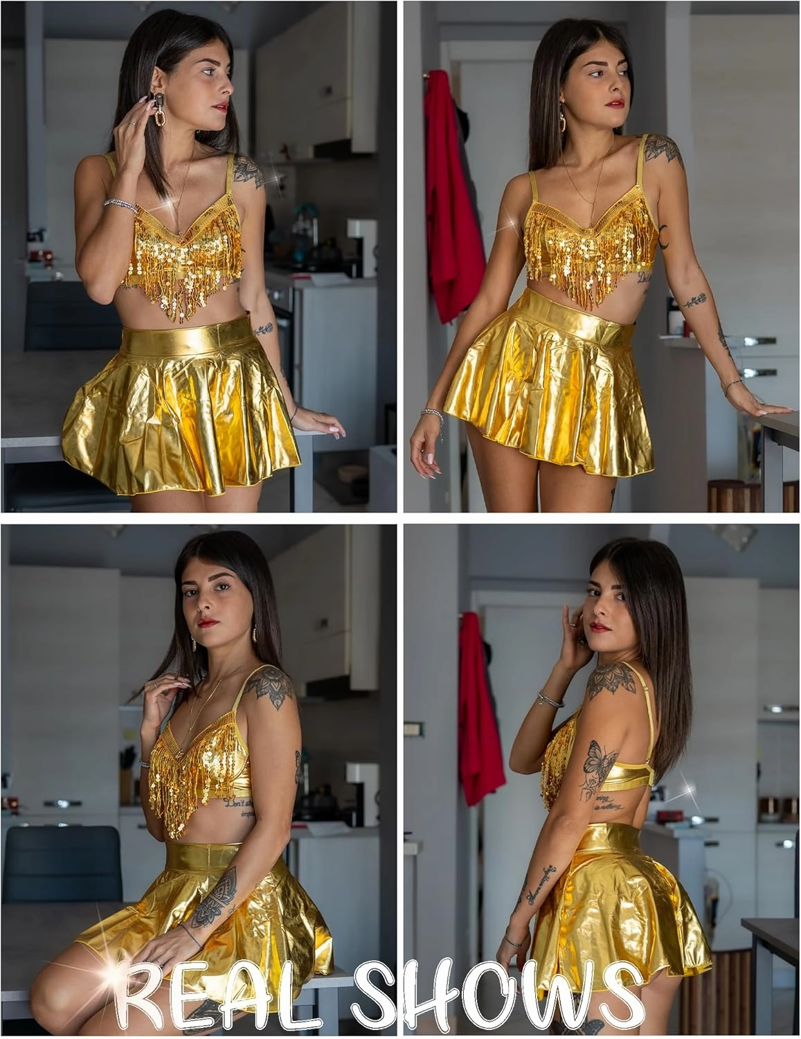 Avidlove Rave Outfits for Women Sequin Fringe Outfits Cosplay Lingerie 3pack Costume Set with Metallic Skirt