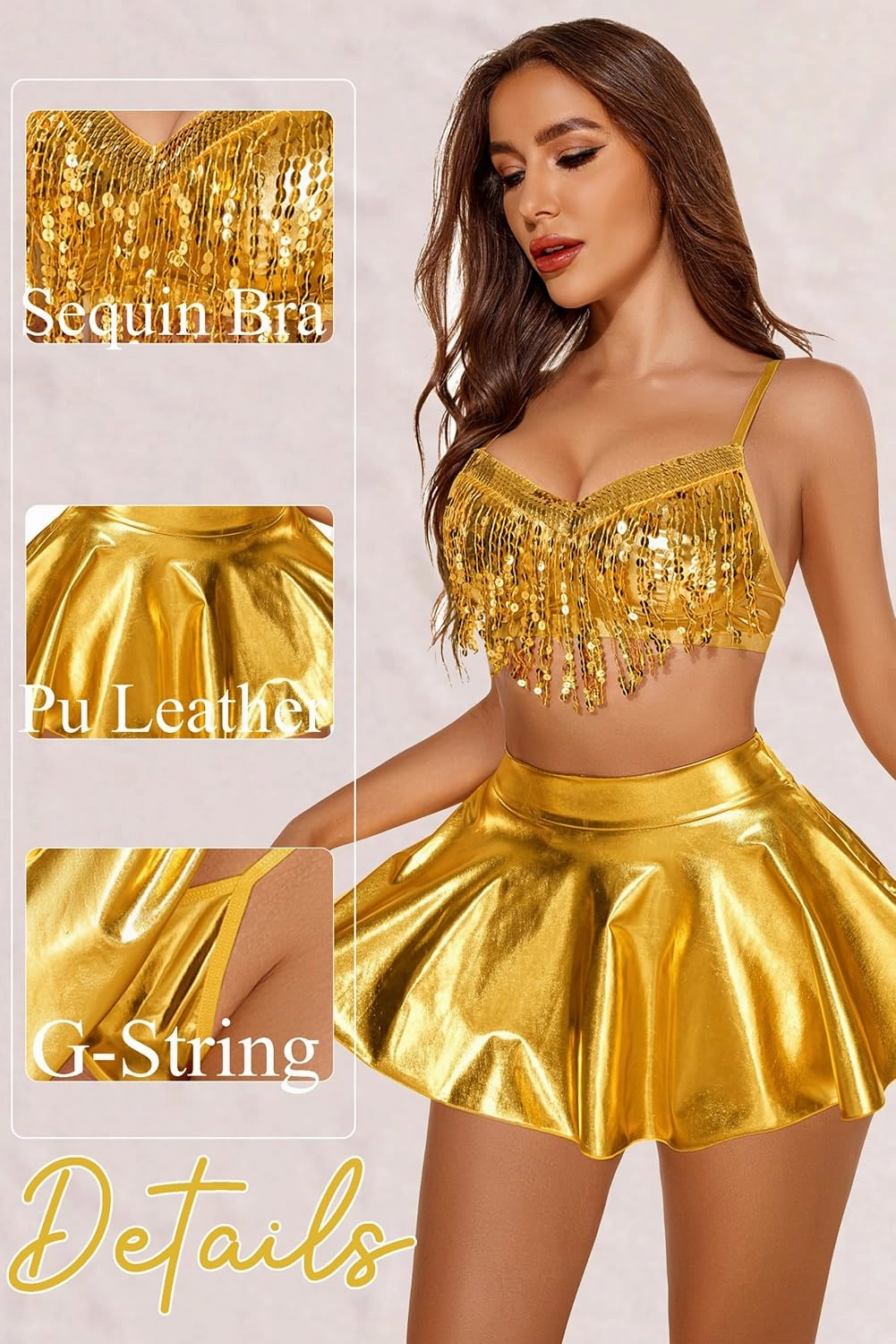Avidlove Rave Outfits for Women Sequin Fringe Outfits Cosplay Lingerie 3pack Costume Set with Metallic Skirt