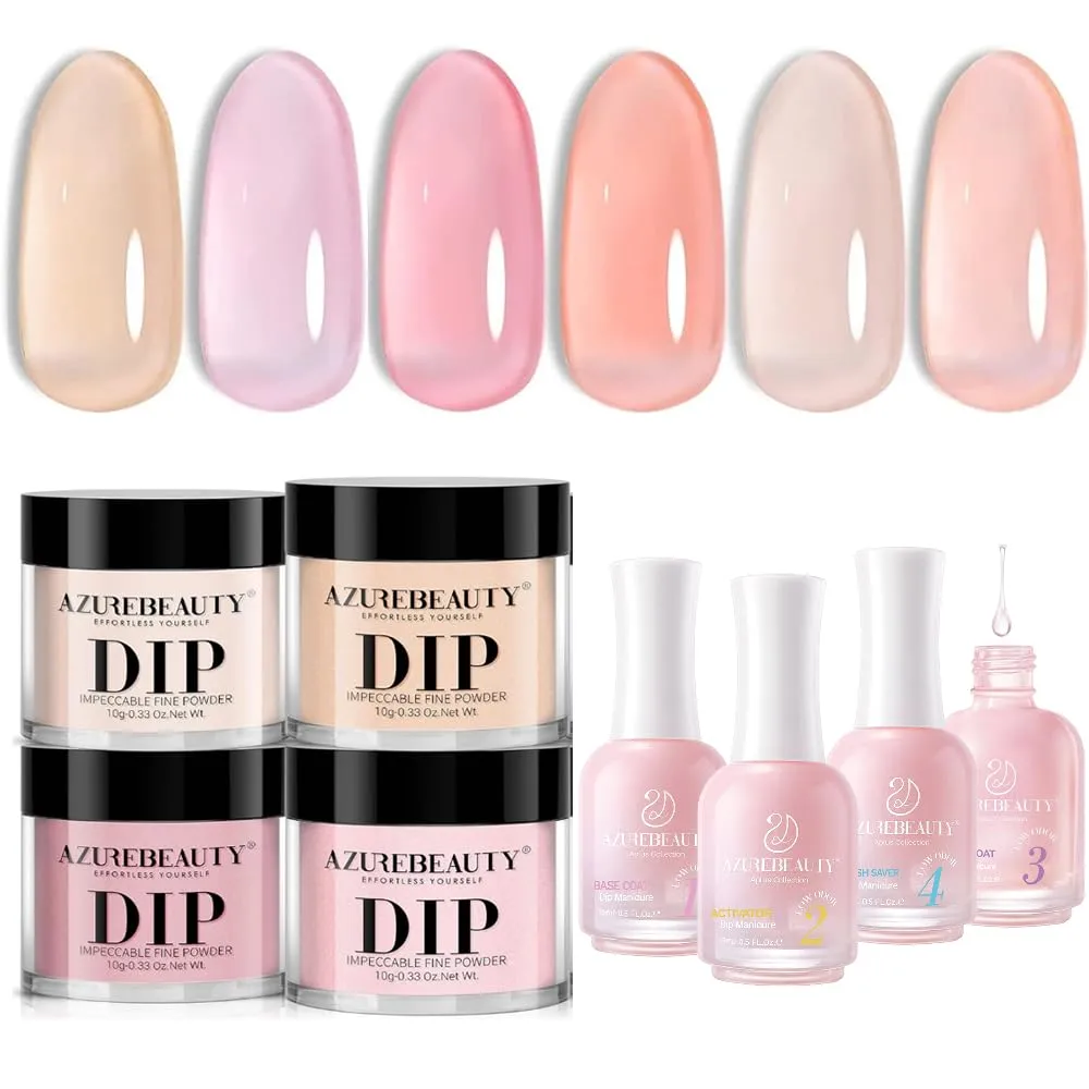 AZUREBEAUTY Dip Powder Set 6 Pcs Translucent Nude Dip Powder Liquid Set 4 Pcs Clear Dipping Powder Base Activator Top Coat and Brush Saver