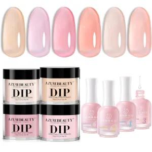 AZUREBEAUTY Dip Powder Set 6 Pcs Translucent Nude Dip Powder Liquid Set 4 Pcs Clear Dipping Powder Base Activator Top Coat and Brush Saver