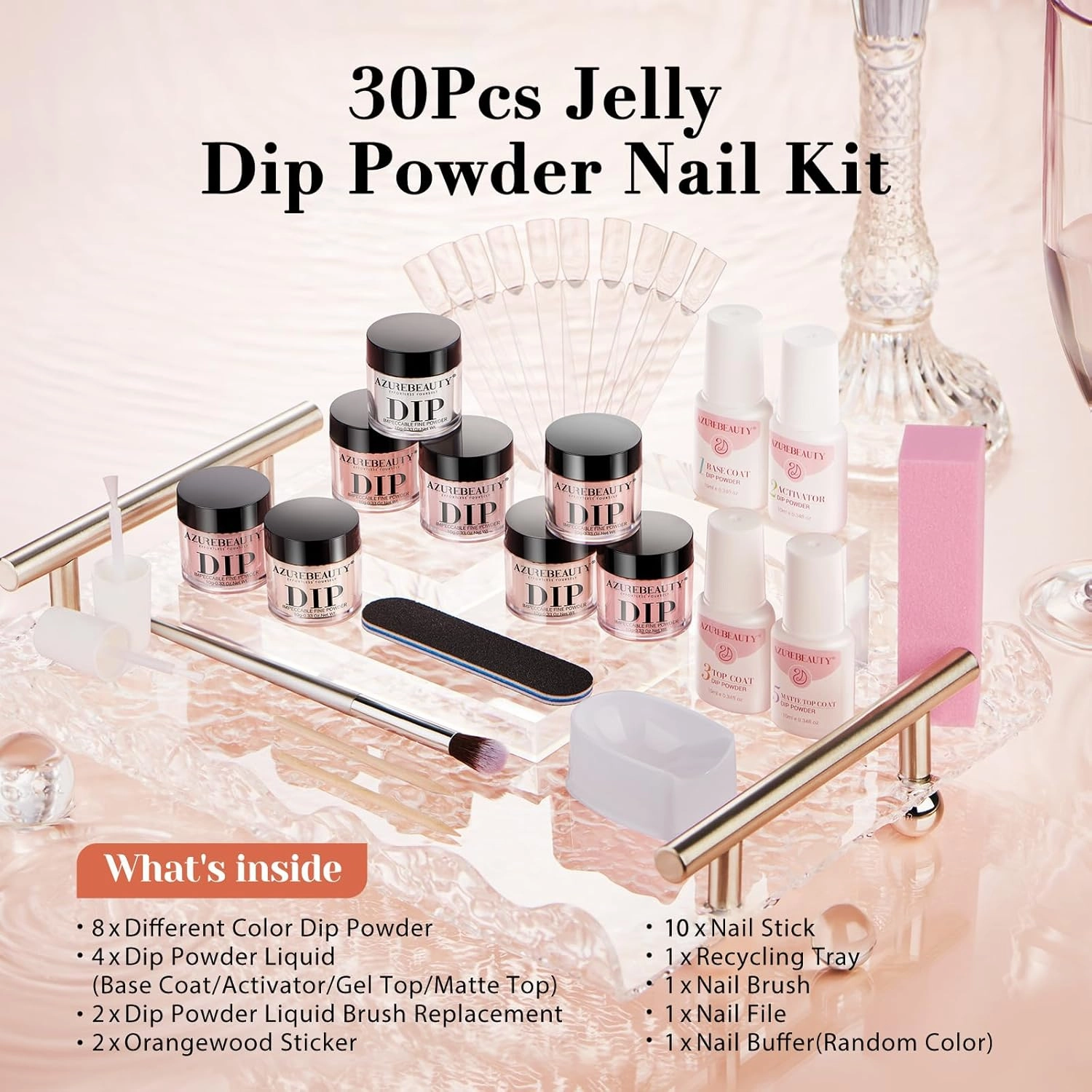 AZUREBEAUTY Dip Powder Nail Kit, Jelly Translucent Milky White Sheer Pink Nude Neutral Clear 8 Colors, Dipping Powder Liquid Set Added Matte Top Coat with Nail Sticks French Nail Art Manicure Salon