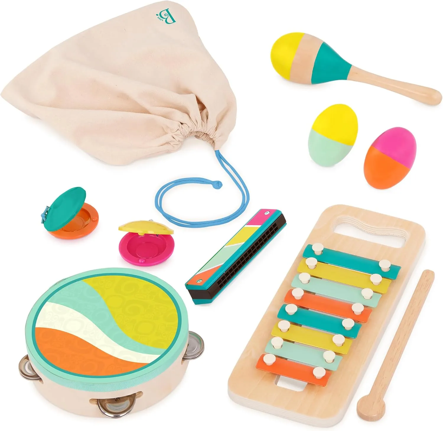 B. toys- Make a Melody- 9pc Wooden Musical Instruments – Xylophone, Tambourine, Harmonica – Drawstring Storage Bag – 2 Years  