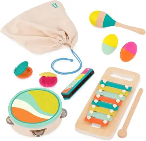 B. toys- Make a Melody- 9pc Wooden Musical Instruments – Xylophone, Tambourine, Harmonica – Drawstring Storage Bag – 2 Years  